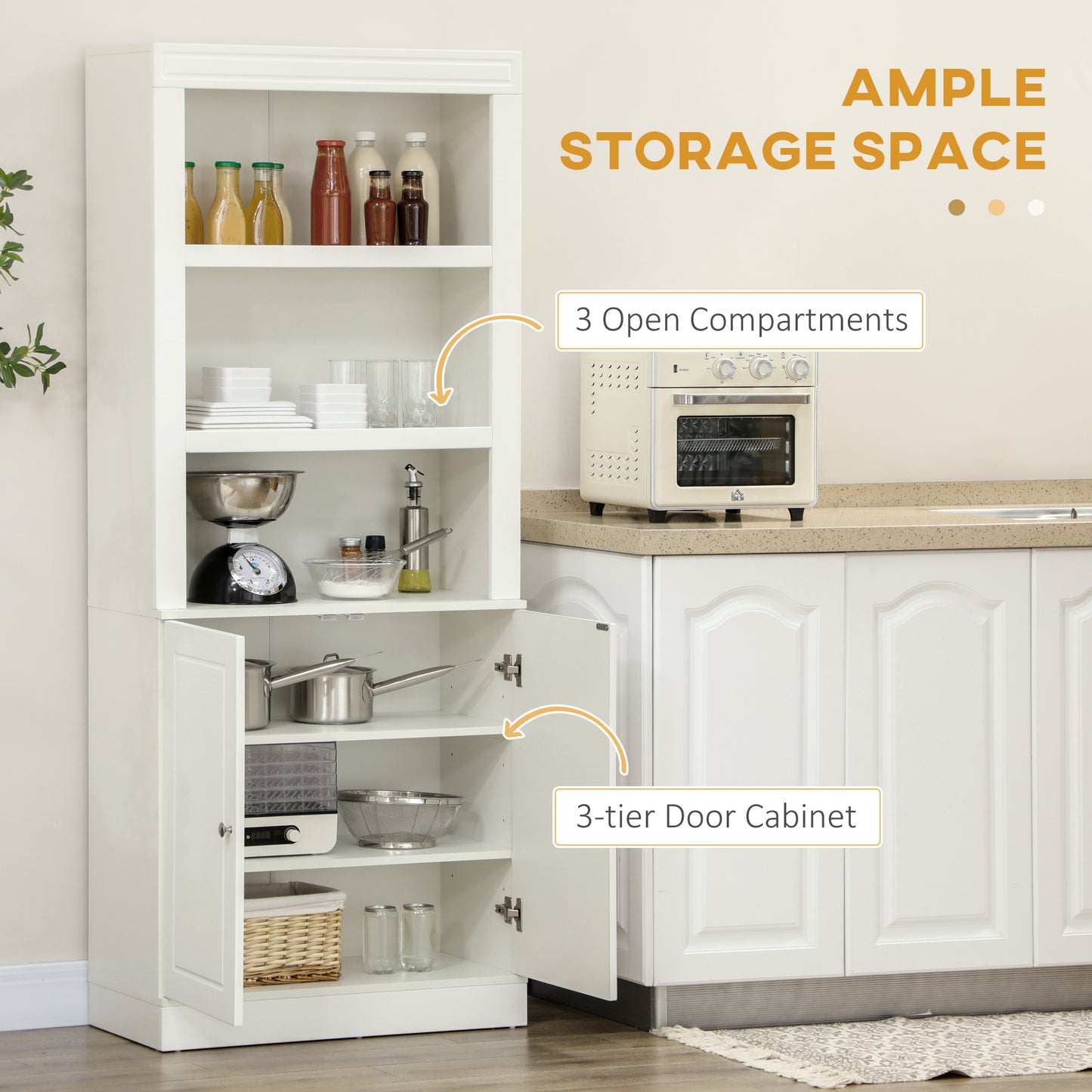 Kala Wooden White 6 Tier Freestanding Kitchen Cupboard With OFauxn Compartments And Double Doors