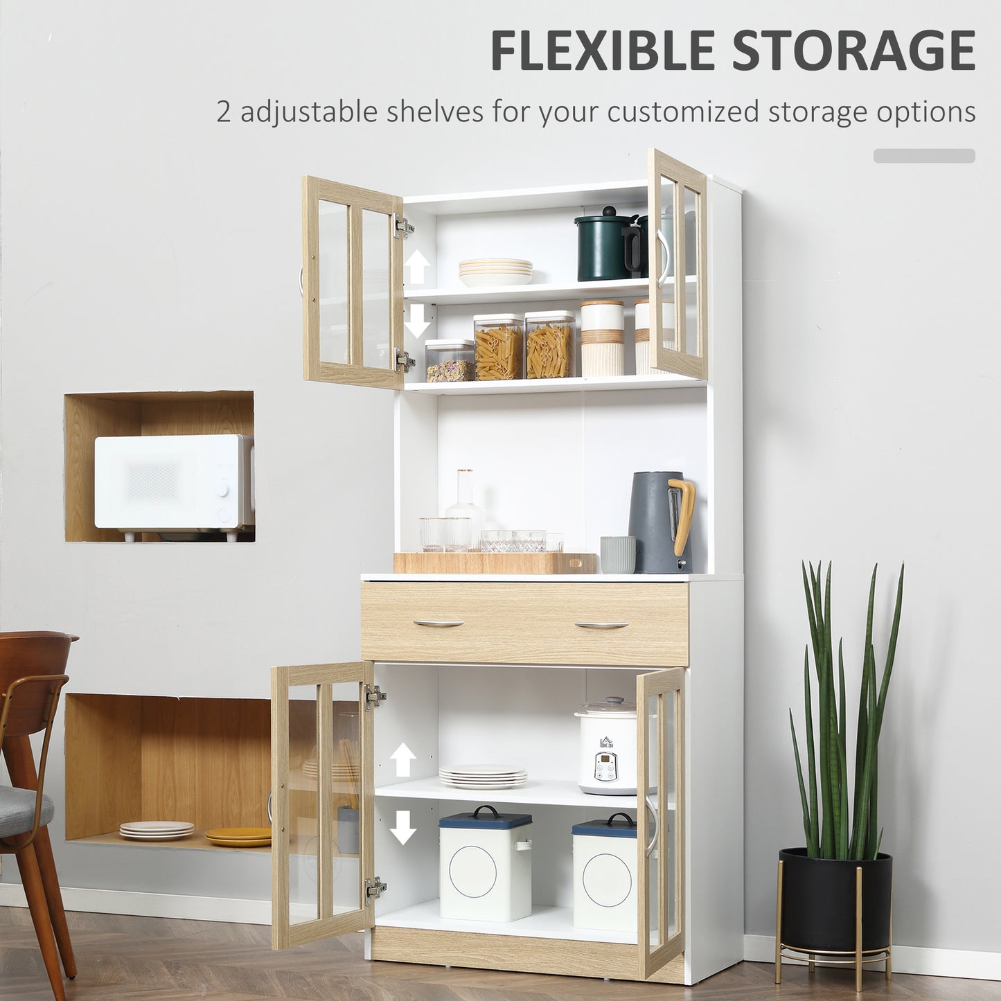 Vefaso Wooden White Tall Kitchen Hutch With Central Drawer Glass Door Cabinets And Countertop 180 cm