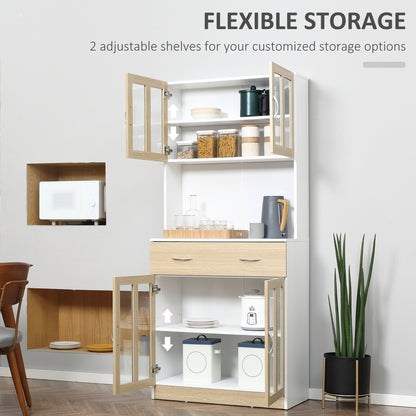 Vefaso Wooden White Tall Kitchen Hutch With Central Drawer Glass Door Cabinets And Countertop 180 cm