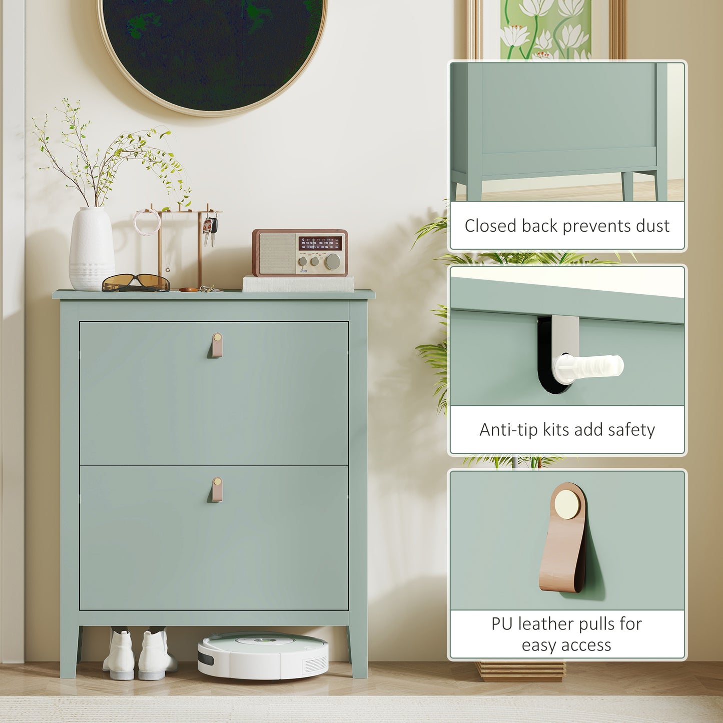 Sela Wooden Mint Green Modern 2 Drawer Shoe Cabinet  Faux Leather Handles