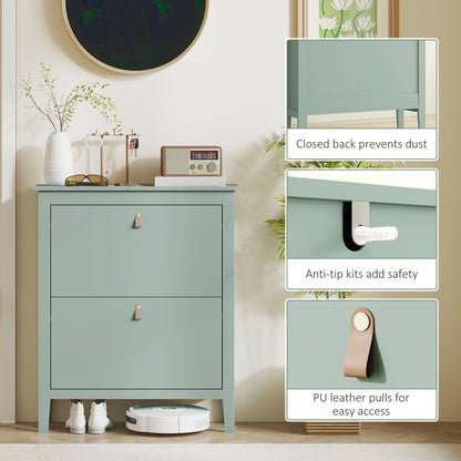 Sela Wooden Mint Green Modern 2 Drawer Shoe Cabinet  Faux Leather Handles