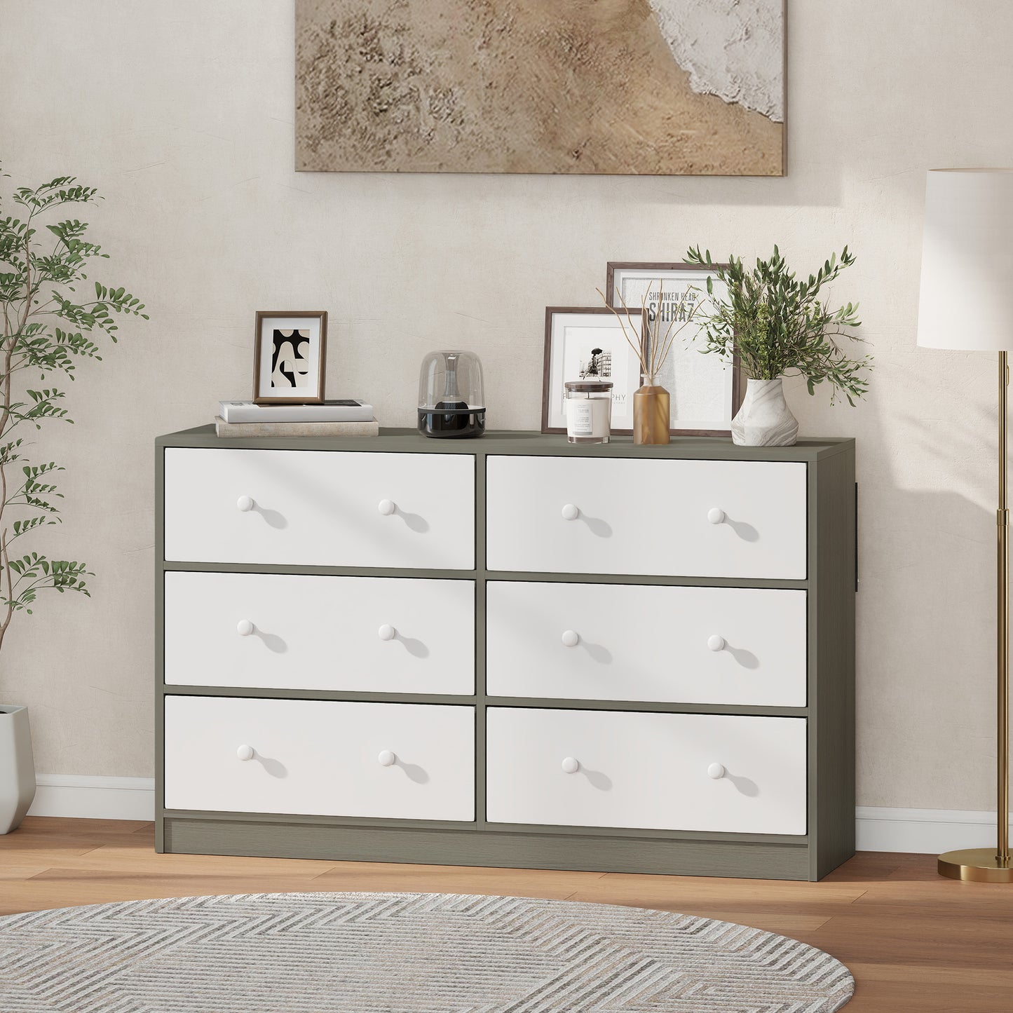 Nafiso Fabric And Wood White And Grey 6 Drawer Storage Dresser