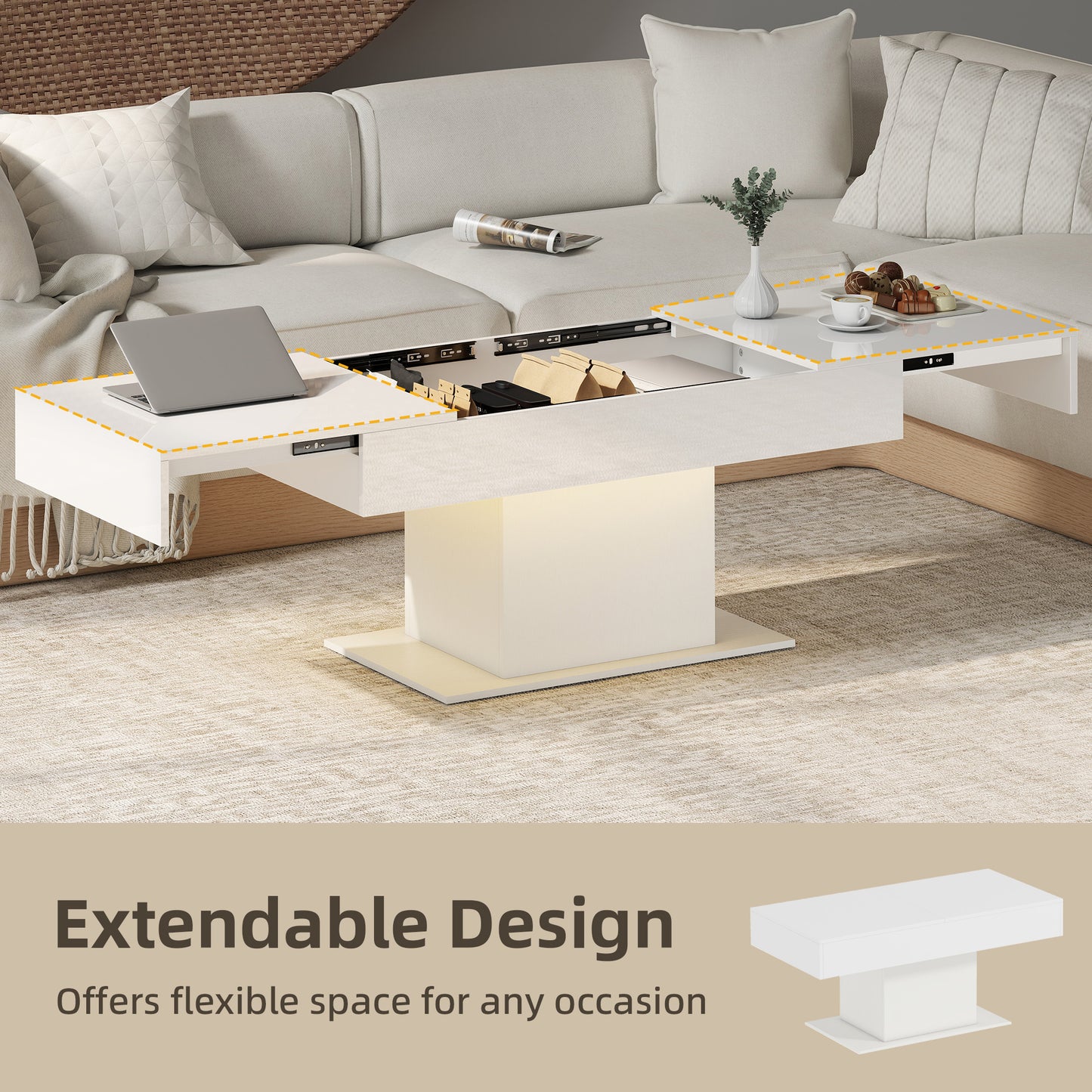 Mara High Gloss White Extendable Coffee Table With LED Lighting And Storage