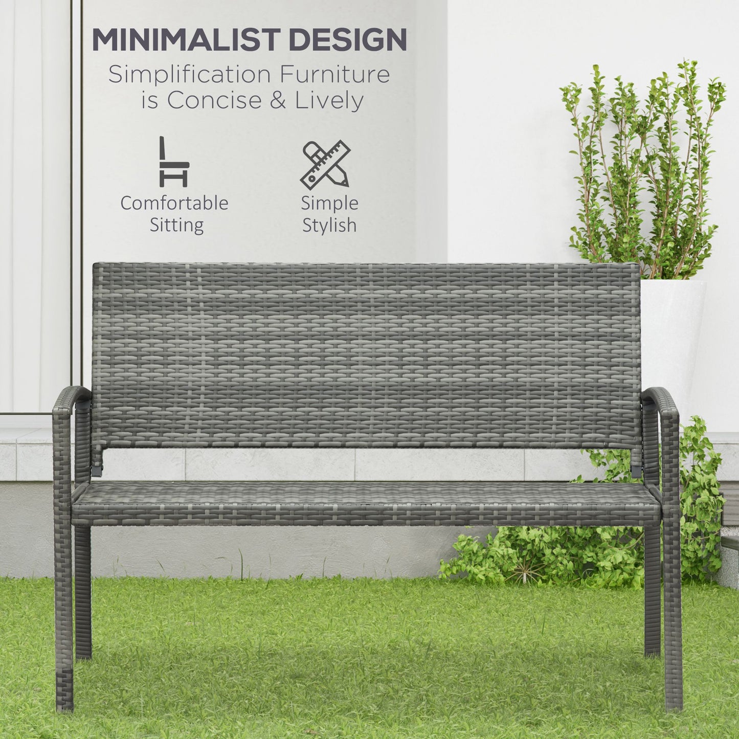 Mata Rattan Grey 2 Seater Garden Bench With Armrests