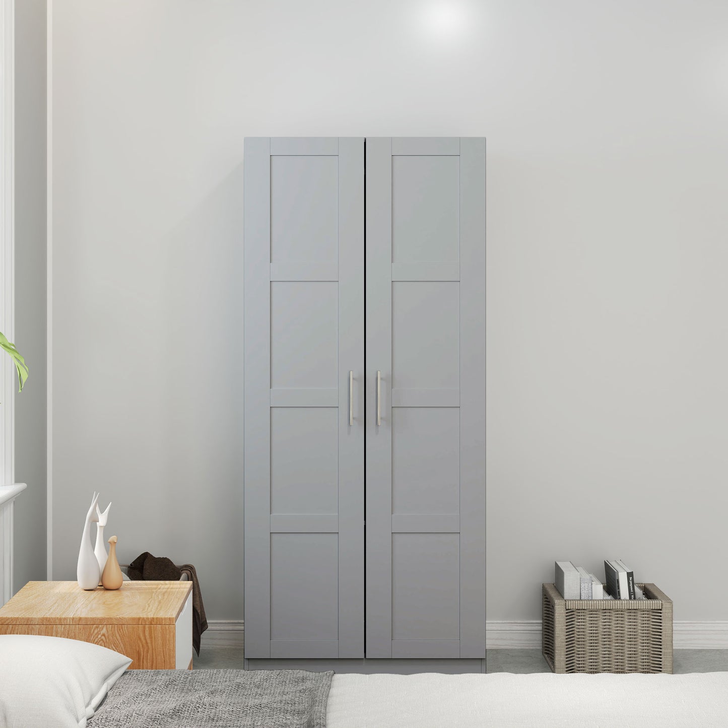 Coralani Wooden Grey 2 Door Wardrobe With Hanging Rail Internal and Shelf
