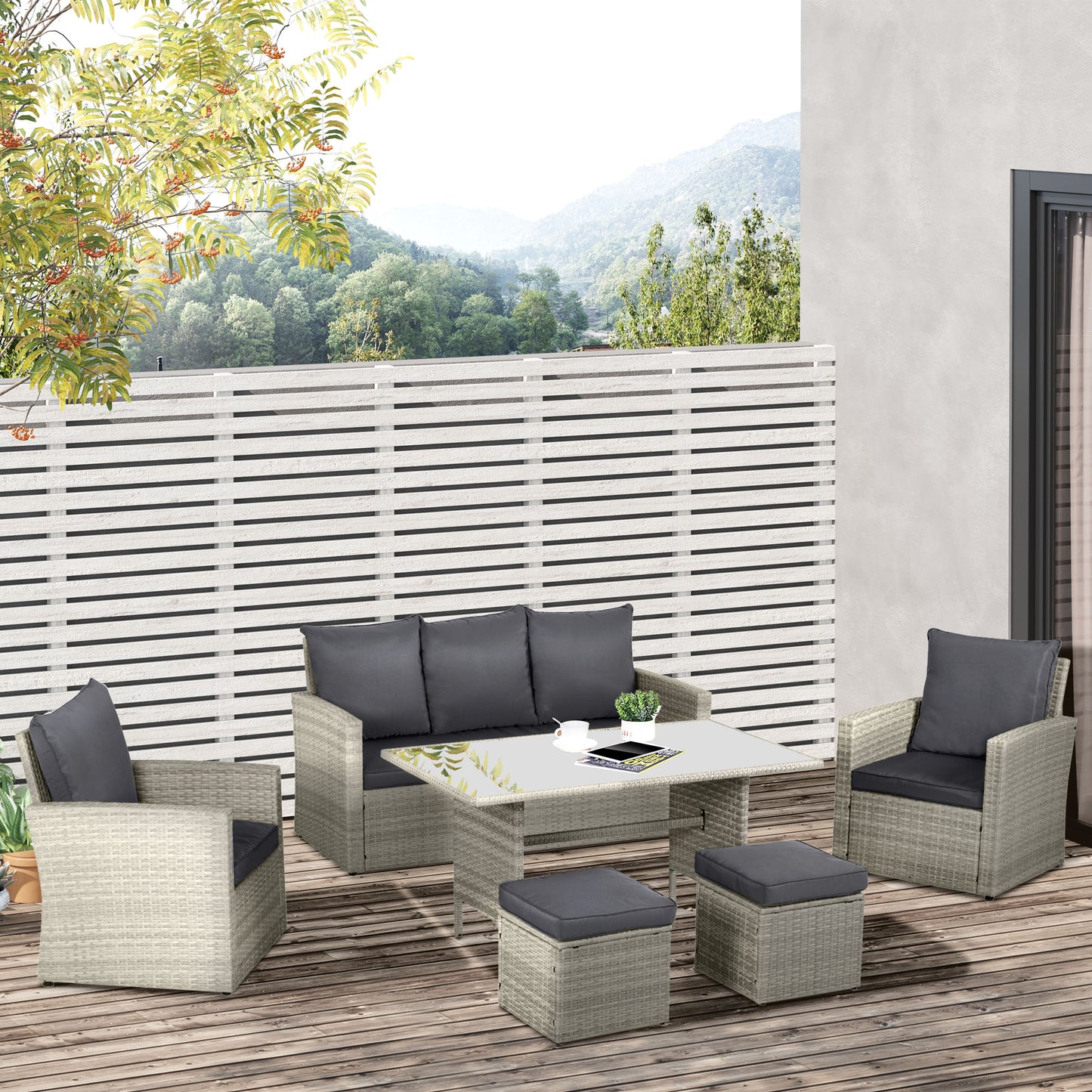 Rerira Mixed Grey Rattan 7 Seater Outdoor Sofa Set With Glass Top Coffee Table