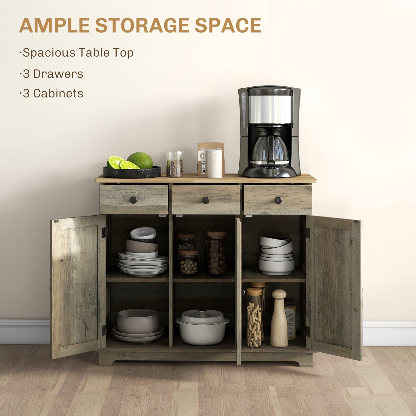 Lurafi Grey Wood Sideboard With Natural Top 3 Doors 3 Drawers 3 Shelves