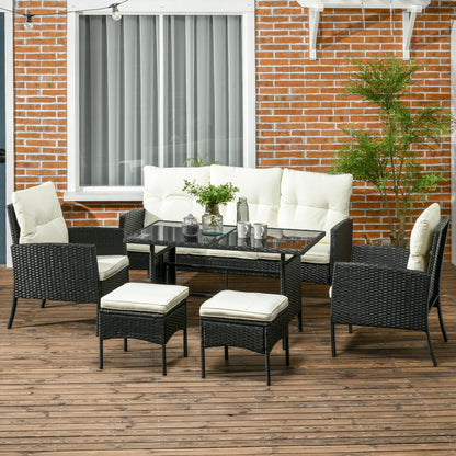 Coma 7 Seater Black and White Rattan Garden Sofa Set With Armchairs Footstools And Glass Dining Table