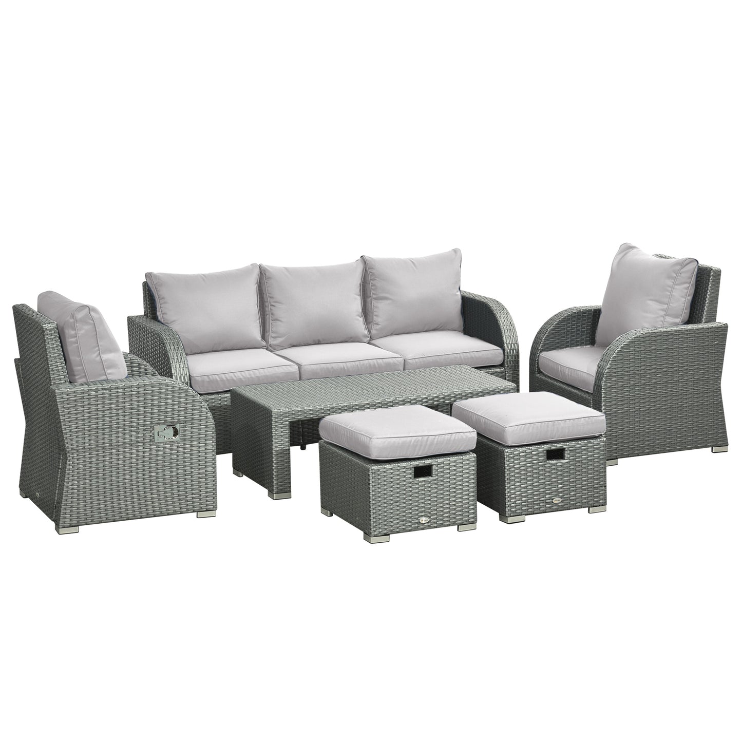 Tanette Rattan Grey 7 Seater Outdoor Sofa Set With Reclining 2 Armchairs And 2 Stools