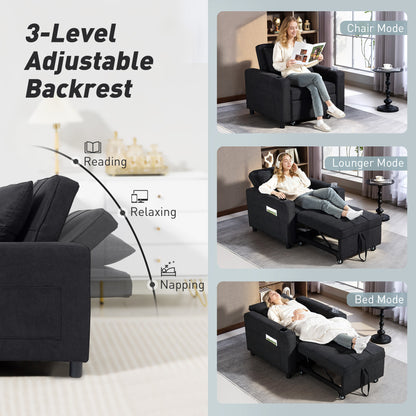 Soliri Black Upholstered 3 In One Convertible Single Sofa Bed Tufted Cushion