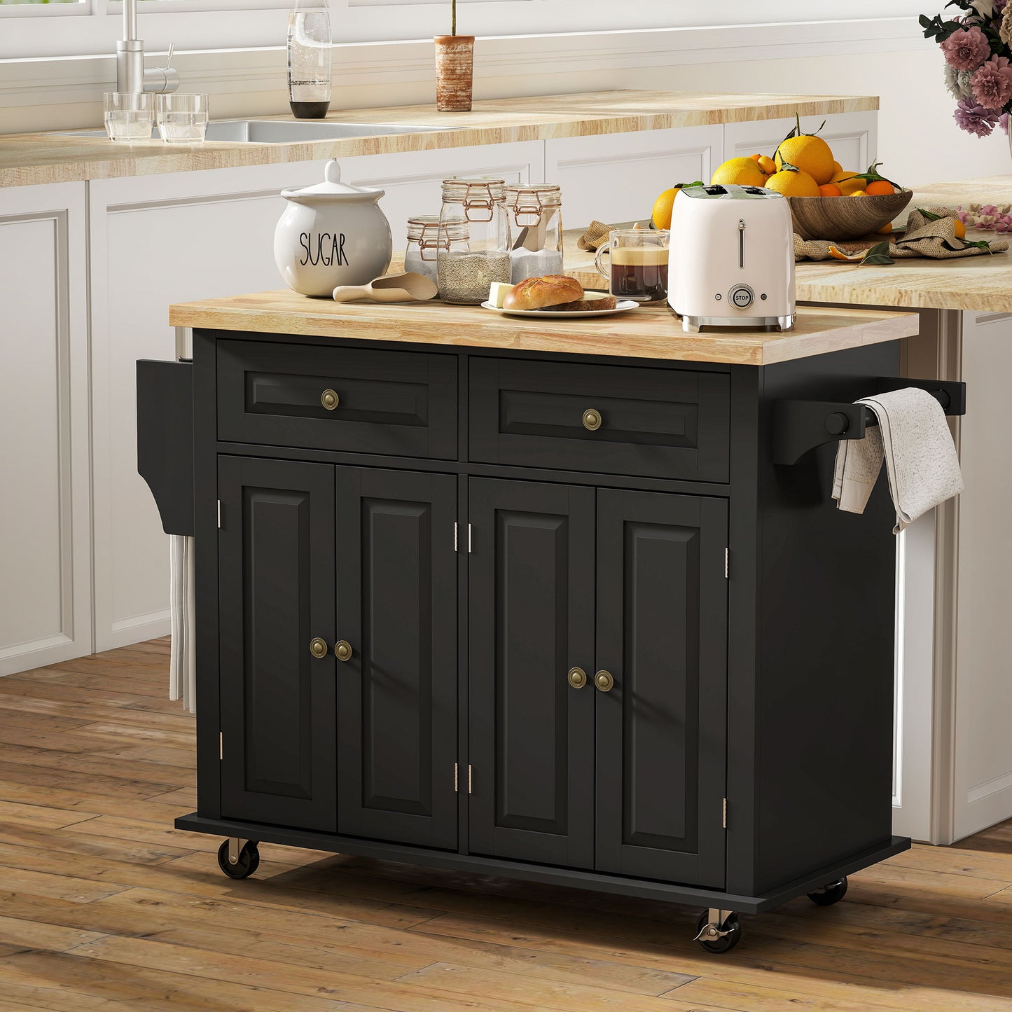 Telatti Rubberwood Top Black Rolling Kitchen Island With Drawers And Storage