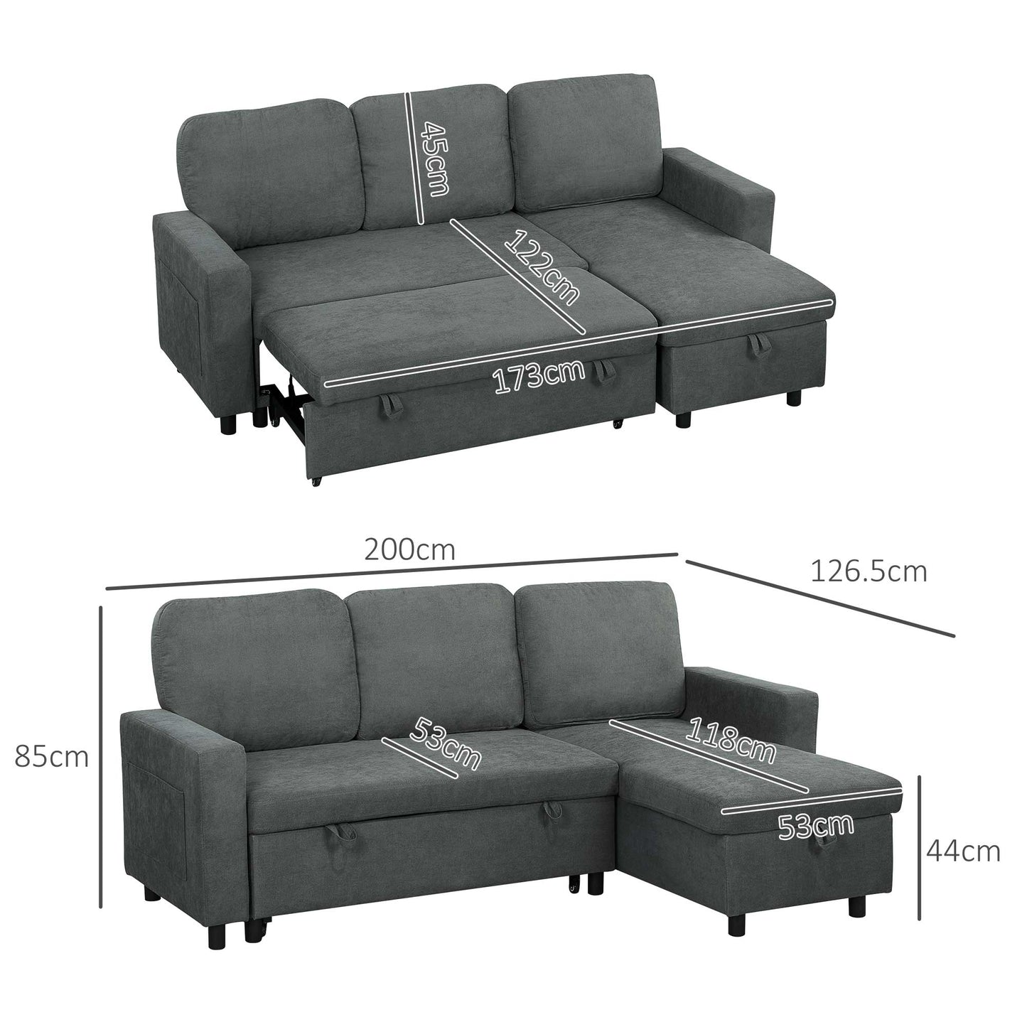 Sesune Yoli Charcoal Grey Upholstered Pull Out Sofa Bed With Storage and Side Pockets