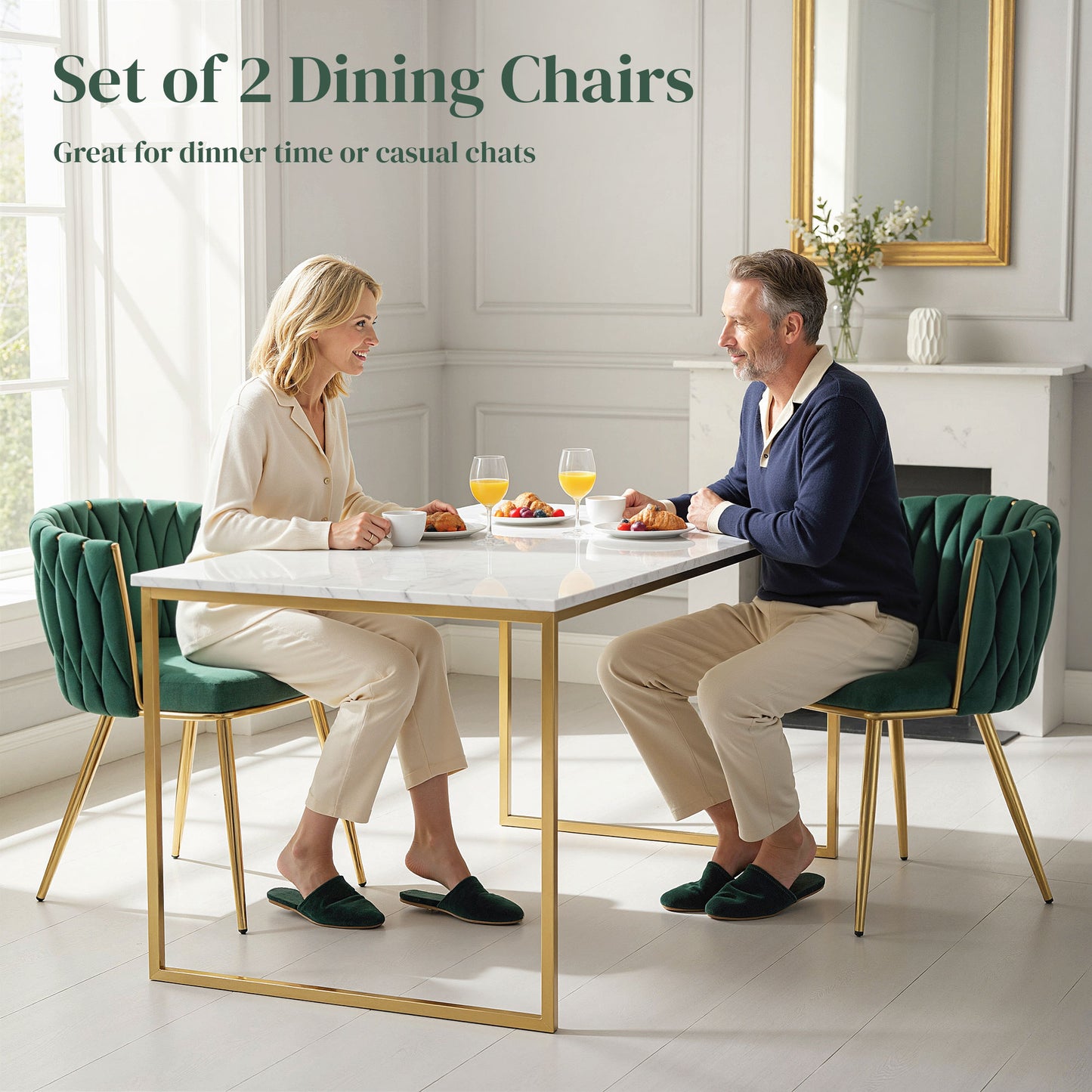 Sosura Set Of 2 Dark Green Velvet Upholstered Dining Chairs With Woven Backrest