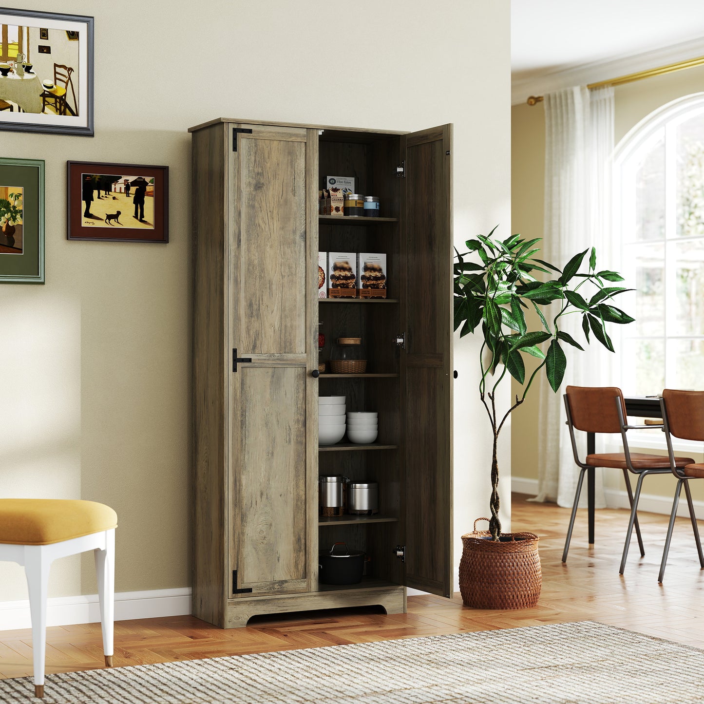 Soniso Wood Effect Tall Farmhouse Kitchen Pantry Cabinet 10 Shelves 2 Doors