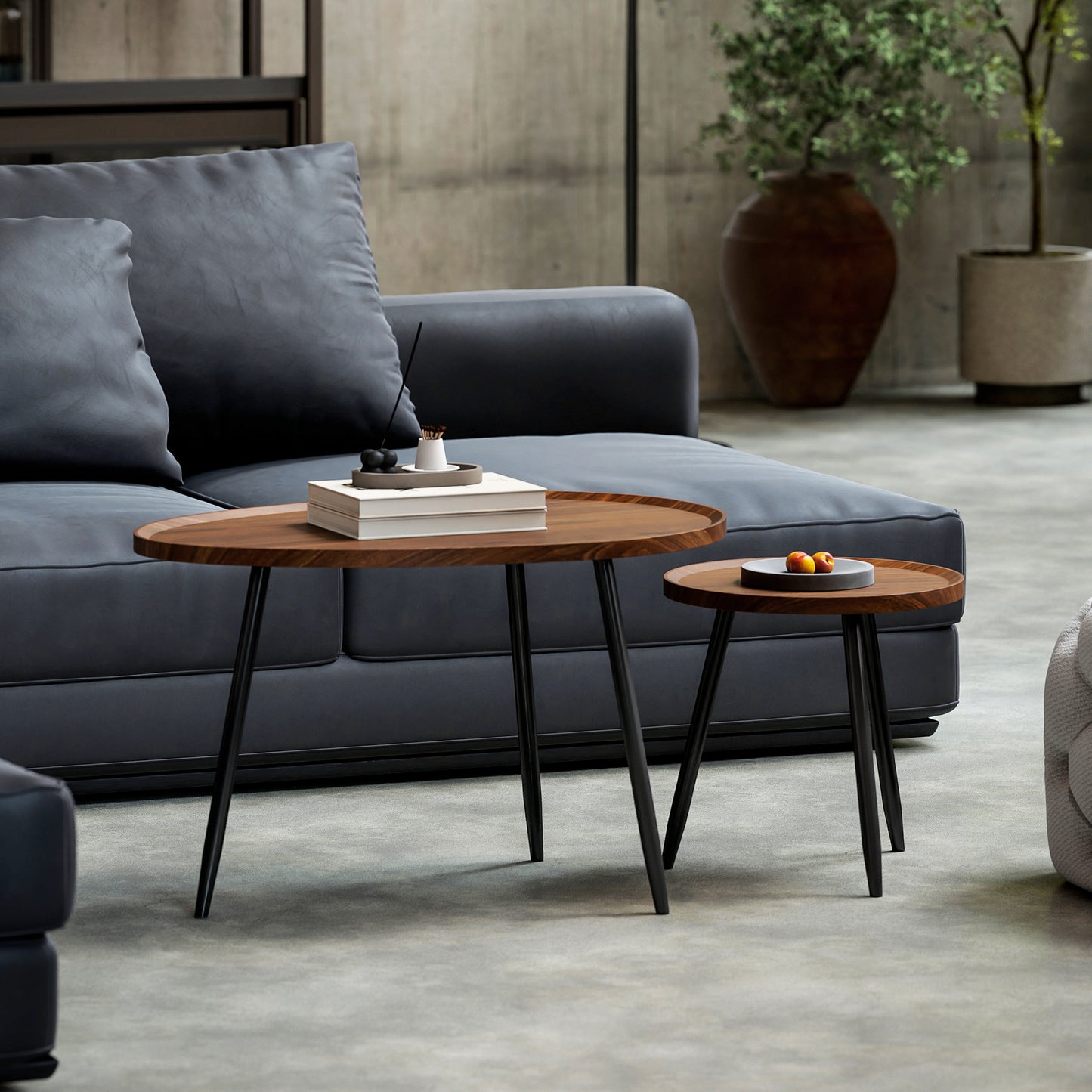 Suta Noni Metal And Wood Chestnut Finish Set Of 2 Nesting Coffee Tables 80 cm