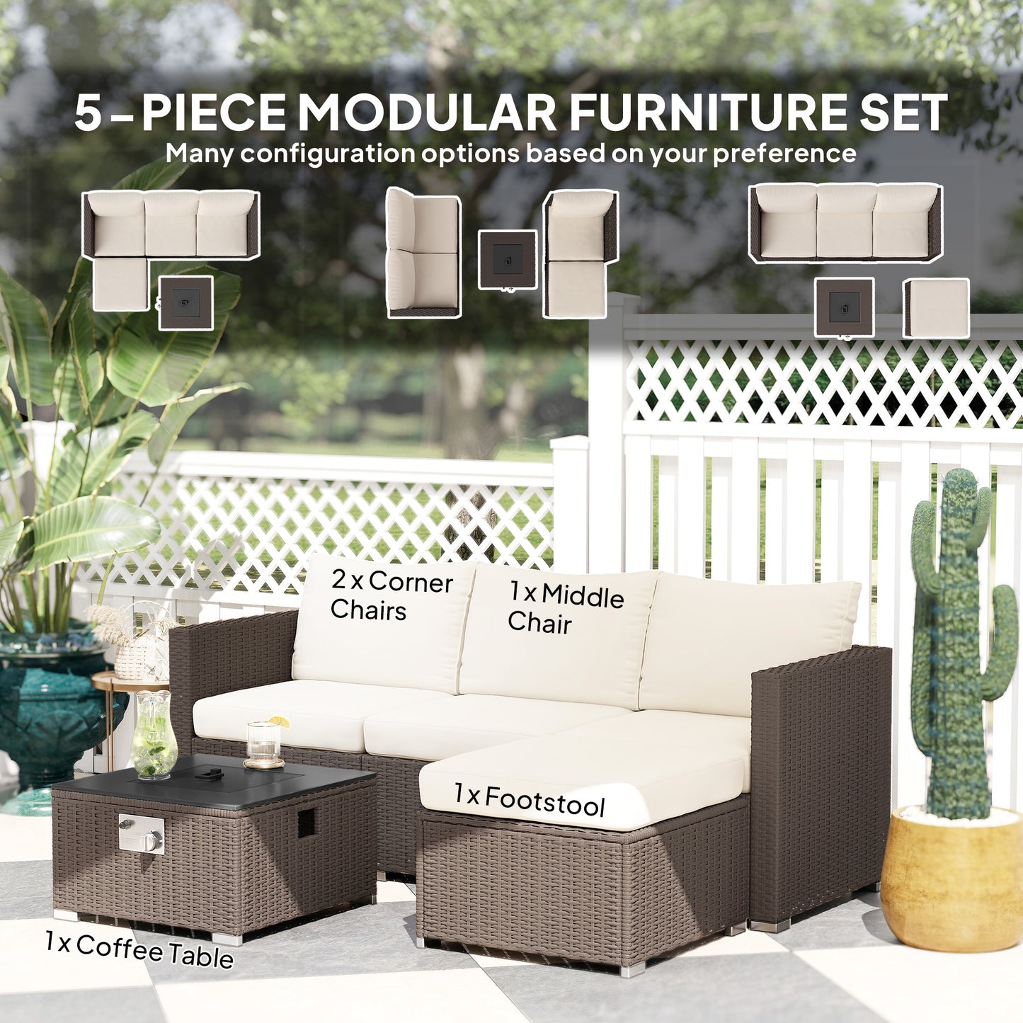 Dirone Rattan Brown And Cream 4 Seater Garden Furniture Set With Gas Fire Pit Table And Footstool