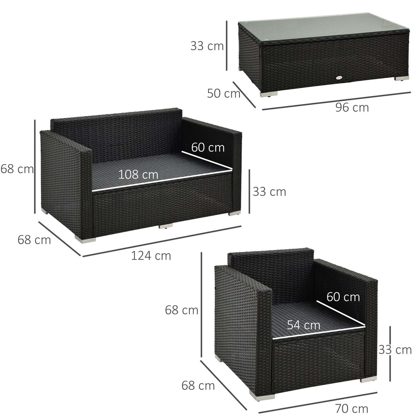 Elrolo Rattan Black 4 Seater Outdoor Sofa Set With White Cushions and Rectangular Coffee Table Glass Top