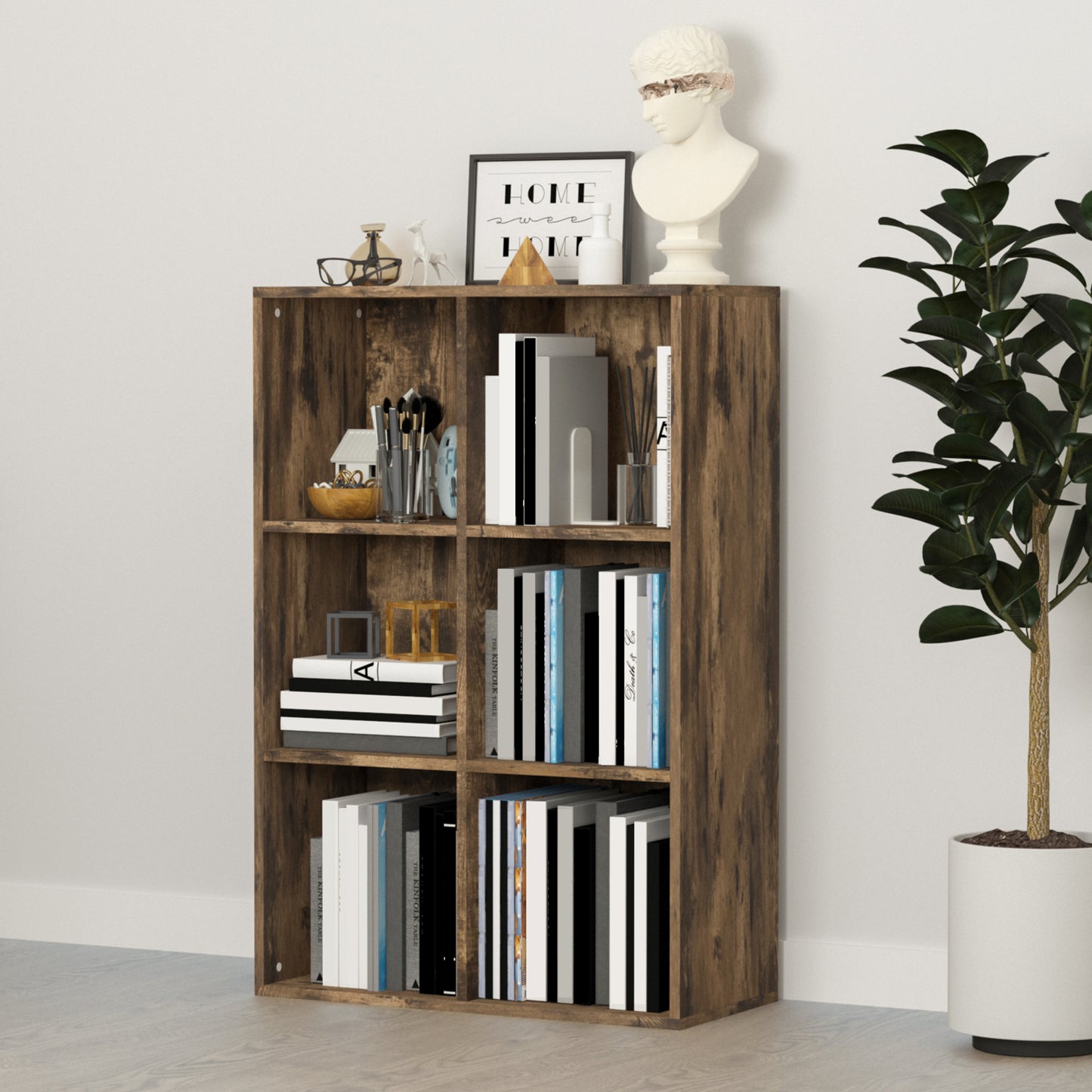 Ridiyo Wood Rustic Brown 6 Cube Storage Bookcase