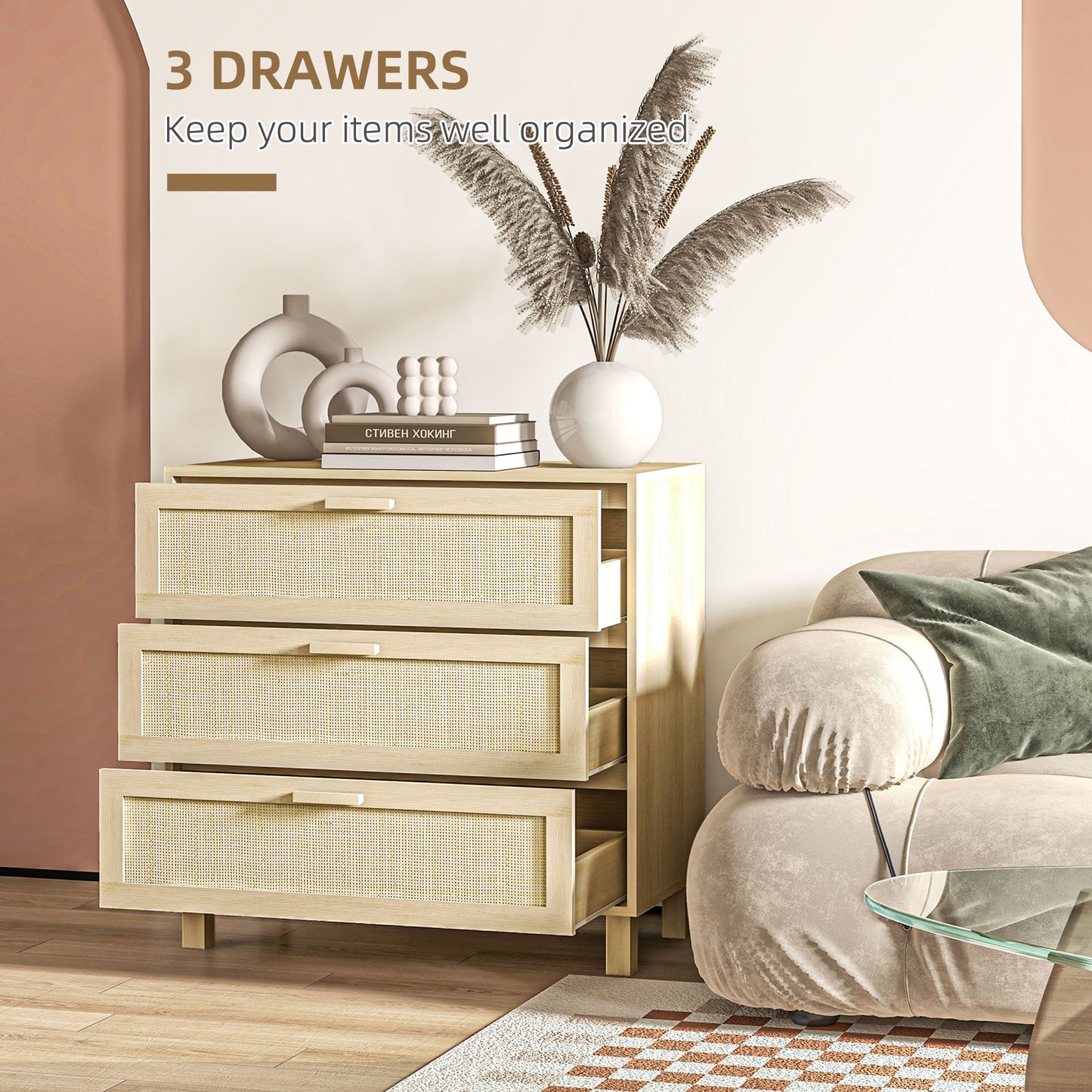 Doyo Boho Natural Rattan And Wood 3 Drawer Bedroom Chest