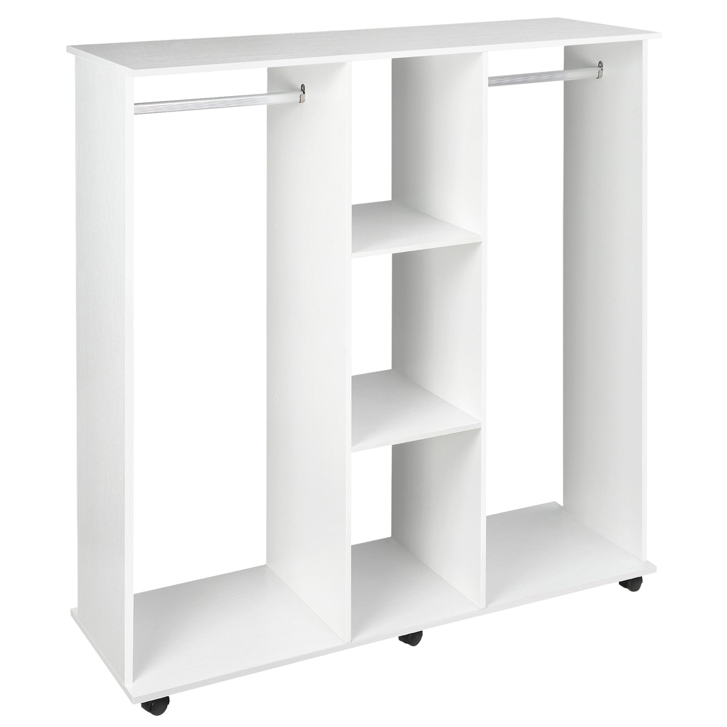 Belario White Double Open Wardrobe With Shelves Hanging Rail And Lockable Wheels