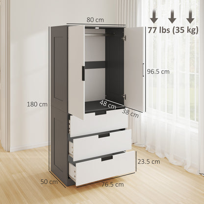 Corario Wooden Grey and White 2 Door Wardrobe With 3 Drawers And Hanging Rod