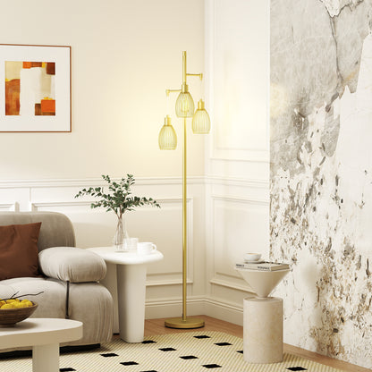 Rodi Metal Gold Tone Industrial 3 Light Floor Lamp With Wire Cage Shades
