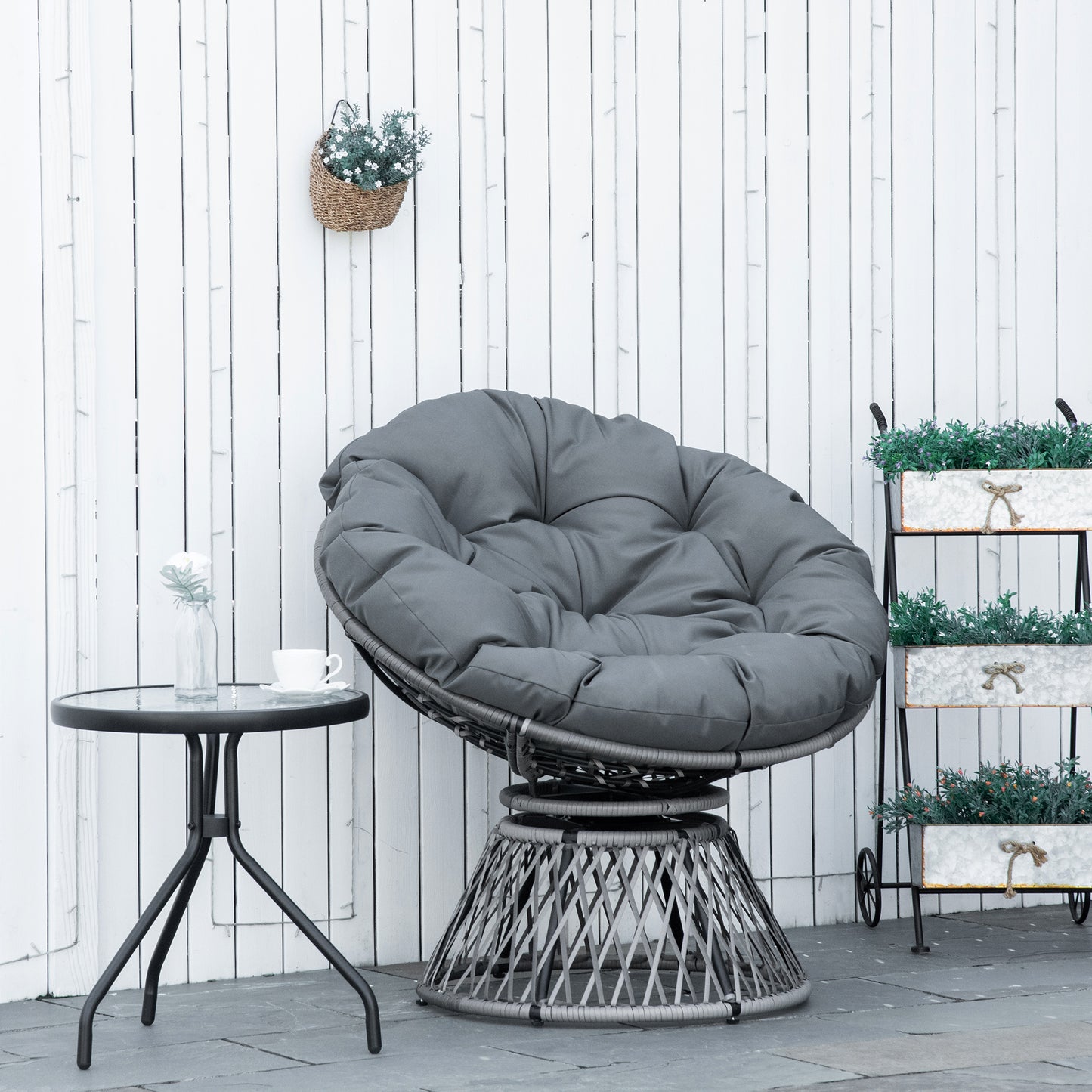 Rarare Grey Rattan Swivel Papasan Style Moon Chair With Oversized Cushion