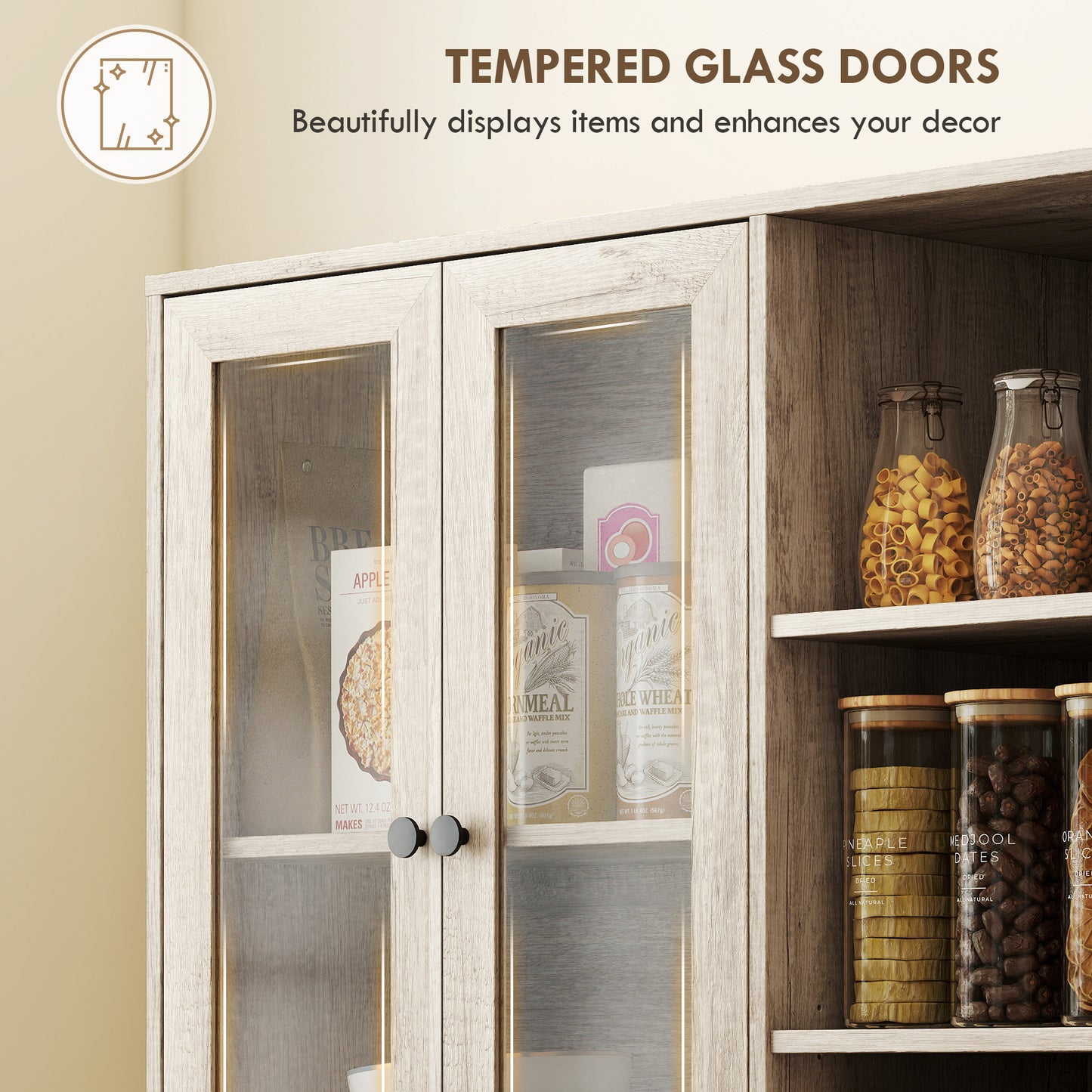 Mole Pantry Wooden Grey Wood Effect Kitchen Storage Cabinet With Glass Doors