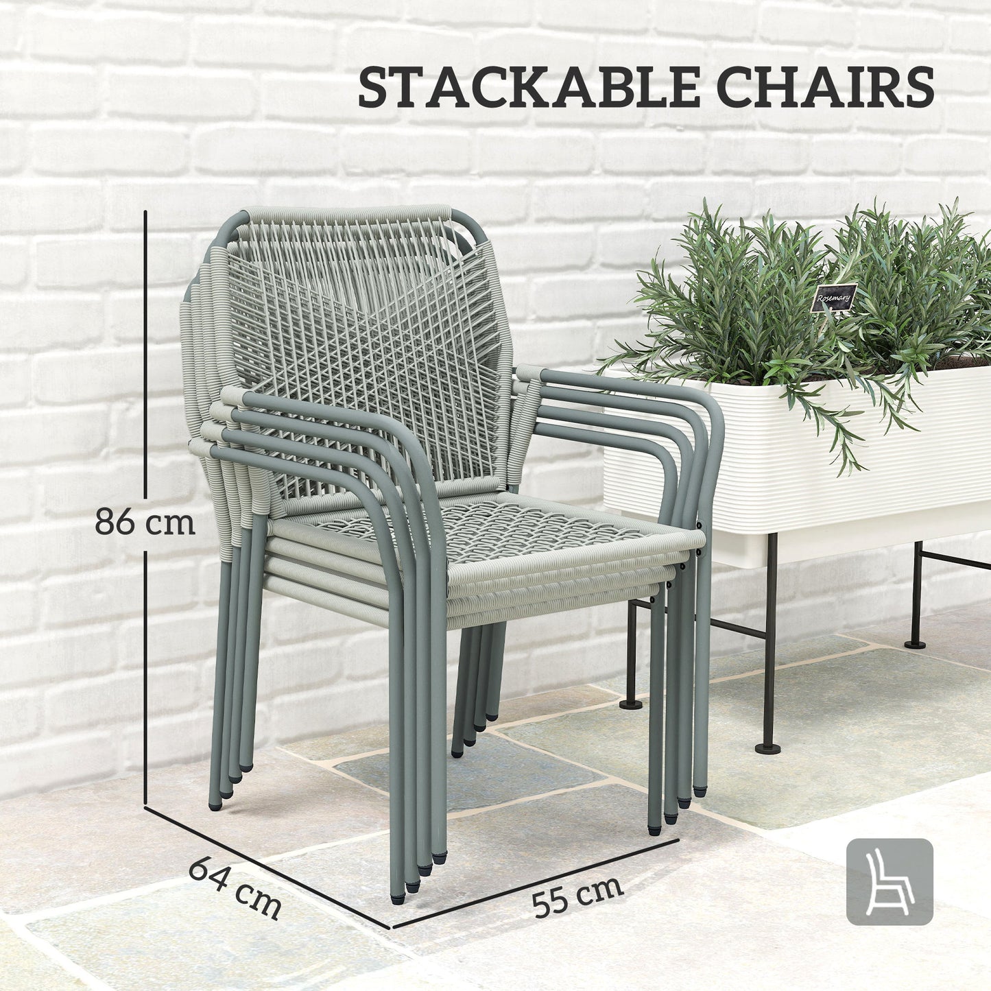 Rolapa Rattan Rope Grey 4 Seater Outdoor Garden Dining Set With Stackable Chairs