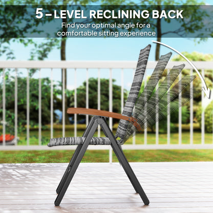 Nihara Rattan Light Grey Folding Garden Dining Chairs Set Of 2 With Reclining Back And Wooden Armrests