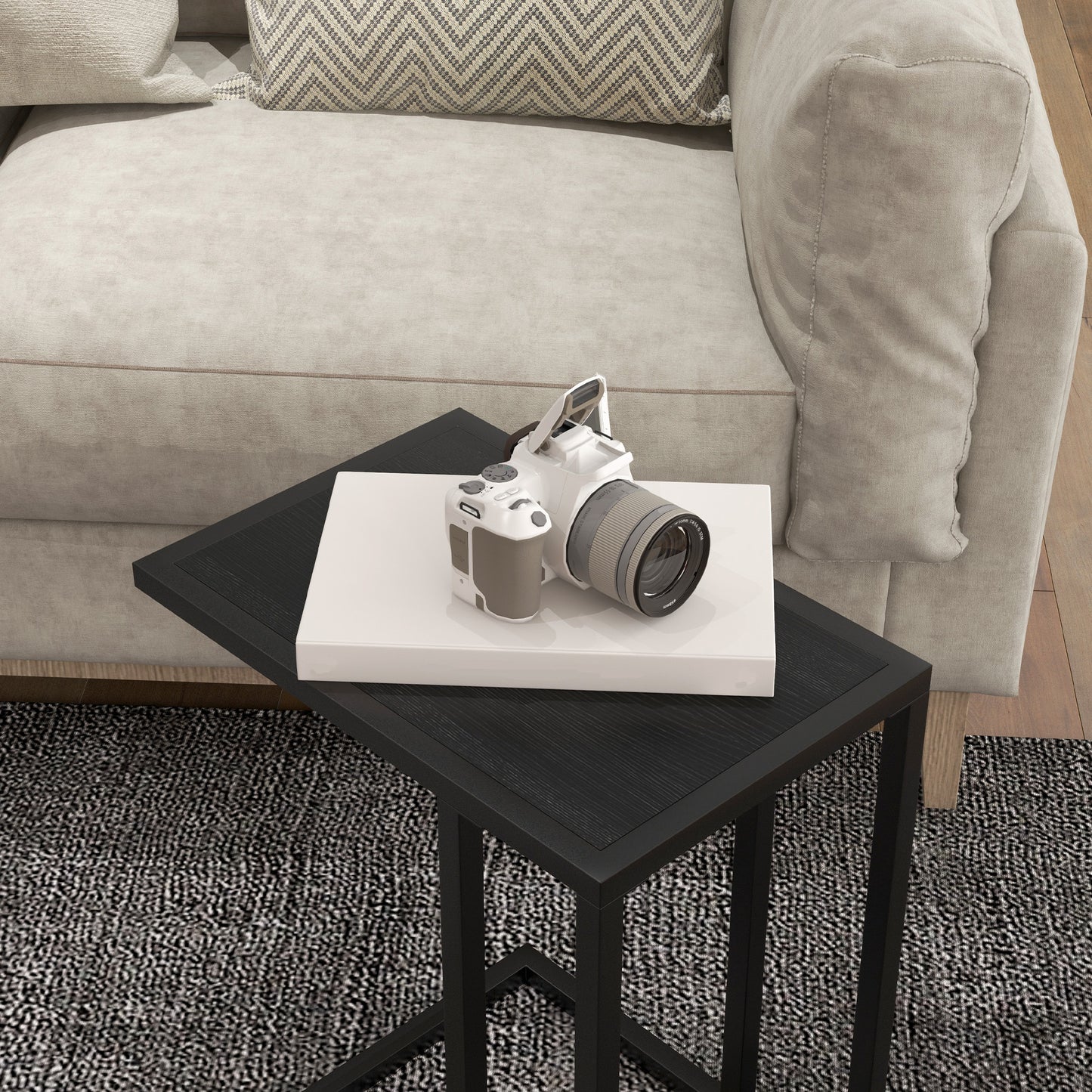 Sariso Metal And Wooden Black C Shaped Side Table With Wood Effect Top