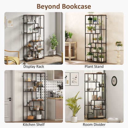 Lulomi Wood And Metal Brown And Black 7 Tier Geometric Display Bookcase