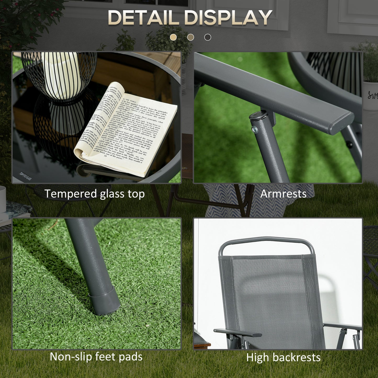 Baketo Glass And Metal Dark Grey 3 Piece Garden Seating Set With Table And Chairs