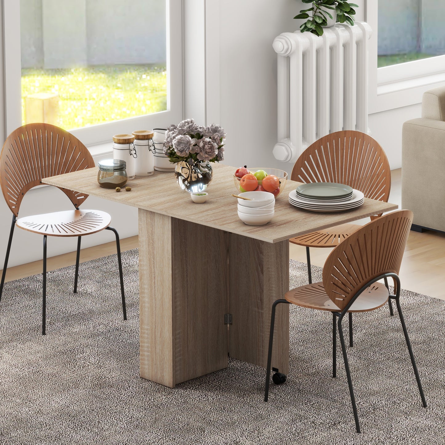 Vasufa Wooden Natural Ex10dable Drop Leaf Dining Table Seating 4 To 6 With Shelves And Wheels