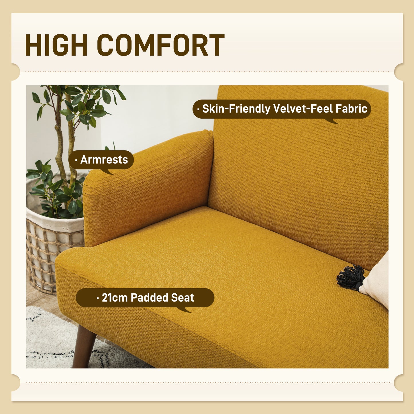 Rorore Yoro Velvet Yellow Compact 2 Seater Sofa With Extra Thick Padding And Wooden Legs