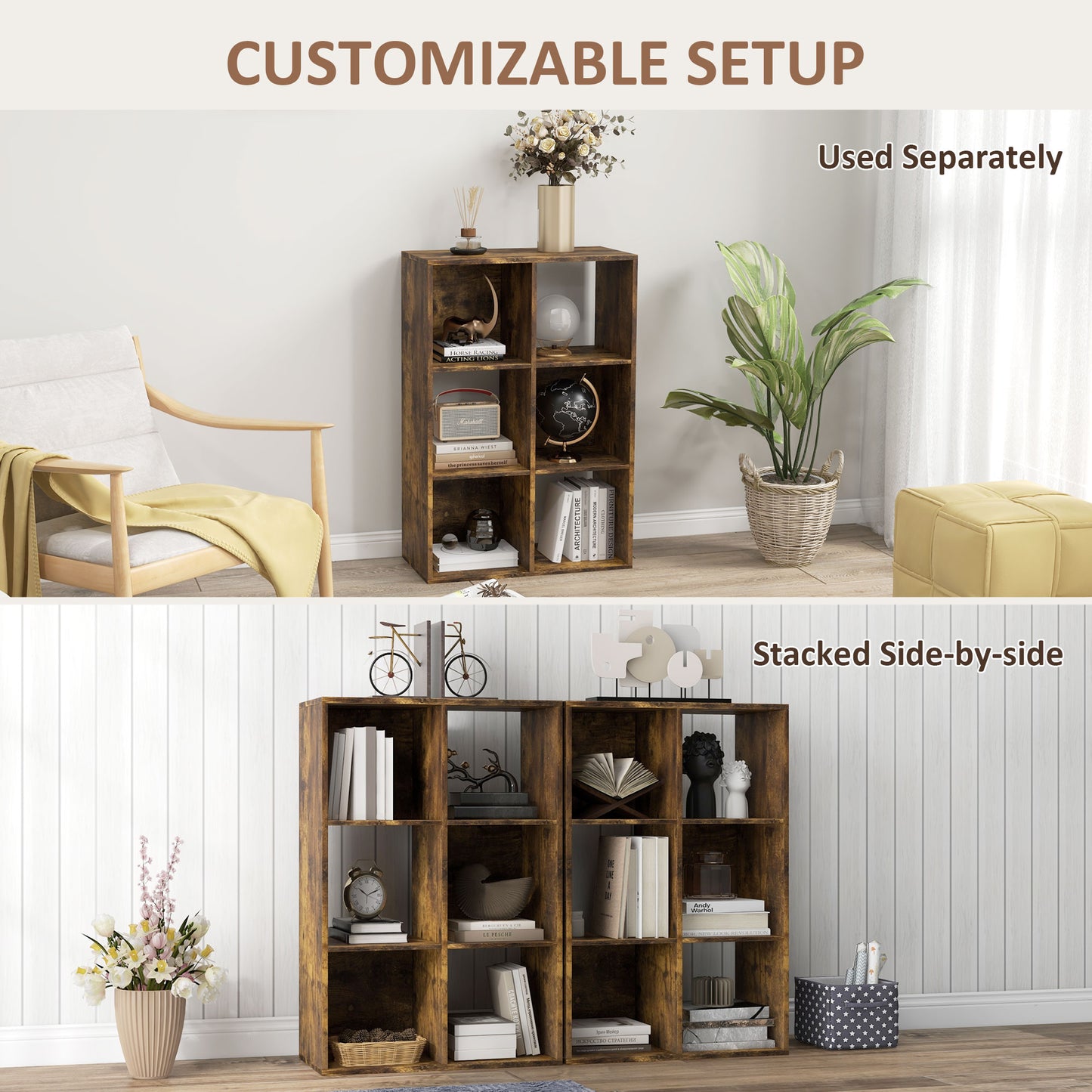 Mike Wood Rustic Brown 6 Cube Storage Bookcase