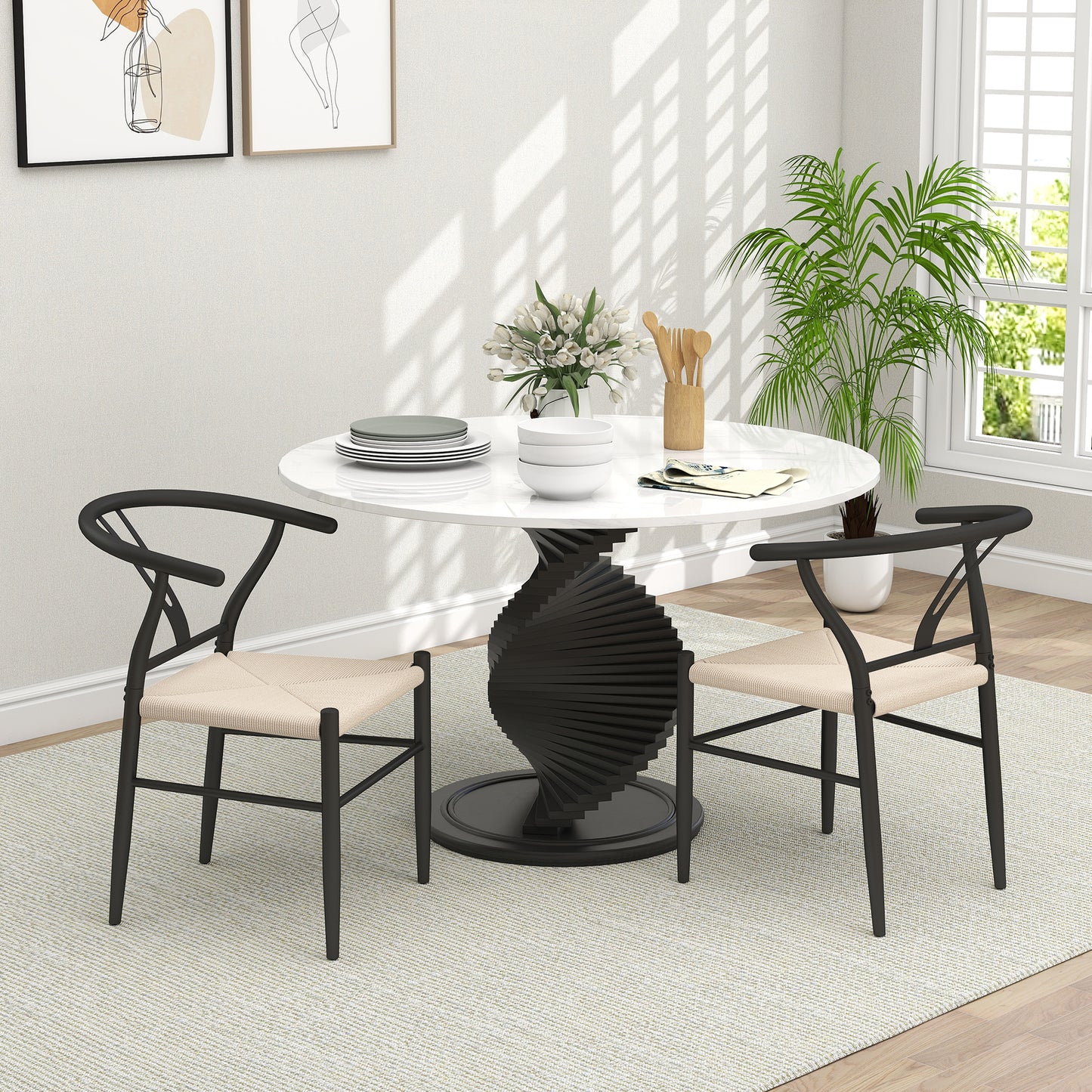 Ranopa Woven Hemp And Wood Black And Beige Dining Chairs Set Of 2 With Y ShaFauxd Backrest