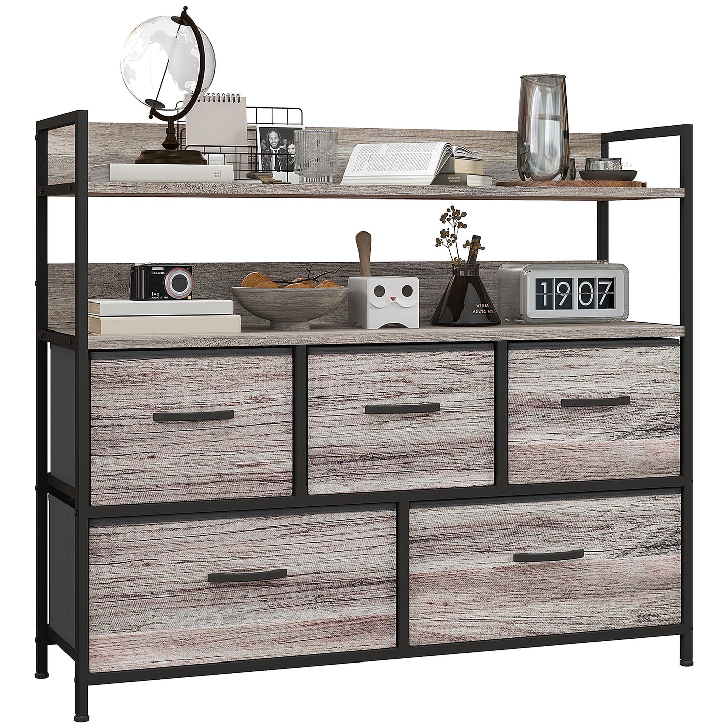 Rimo Fabric And Wood Grey Wood Effect 5 Drawer Rustic Storage Chest