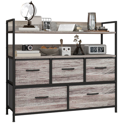 Rimo Fabric And Wood Grey Wood Effect 5 Drawer Rustic Storage Chest