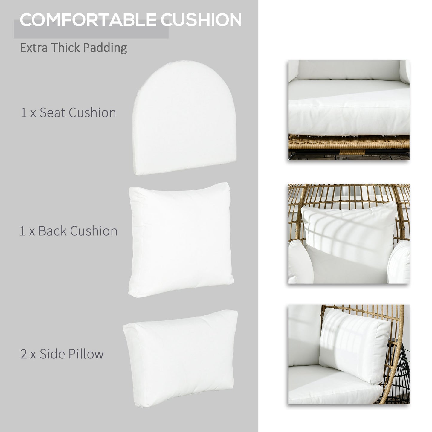 Tasudo Natural String Rattan Egg Chair With White Cushions And Pillows