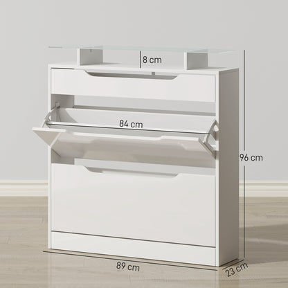 Masola Wooden White Shoe Cabinet With Sliding Drawer 2 Flip Doors And Glass Top