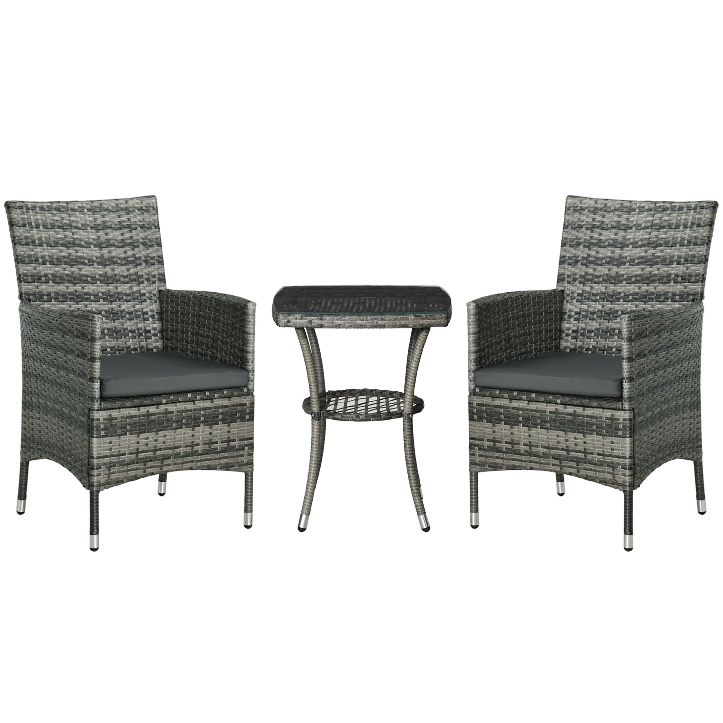 Sami Rattan Grey 3 Piece Garden Bistro Set With 2 Tier Table And Cushions