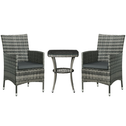 Sami Rattan Grey 3 Piece Garden Bistro Set With 2 Tier Table And Cushions