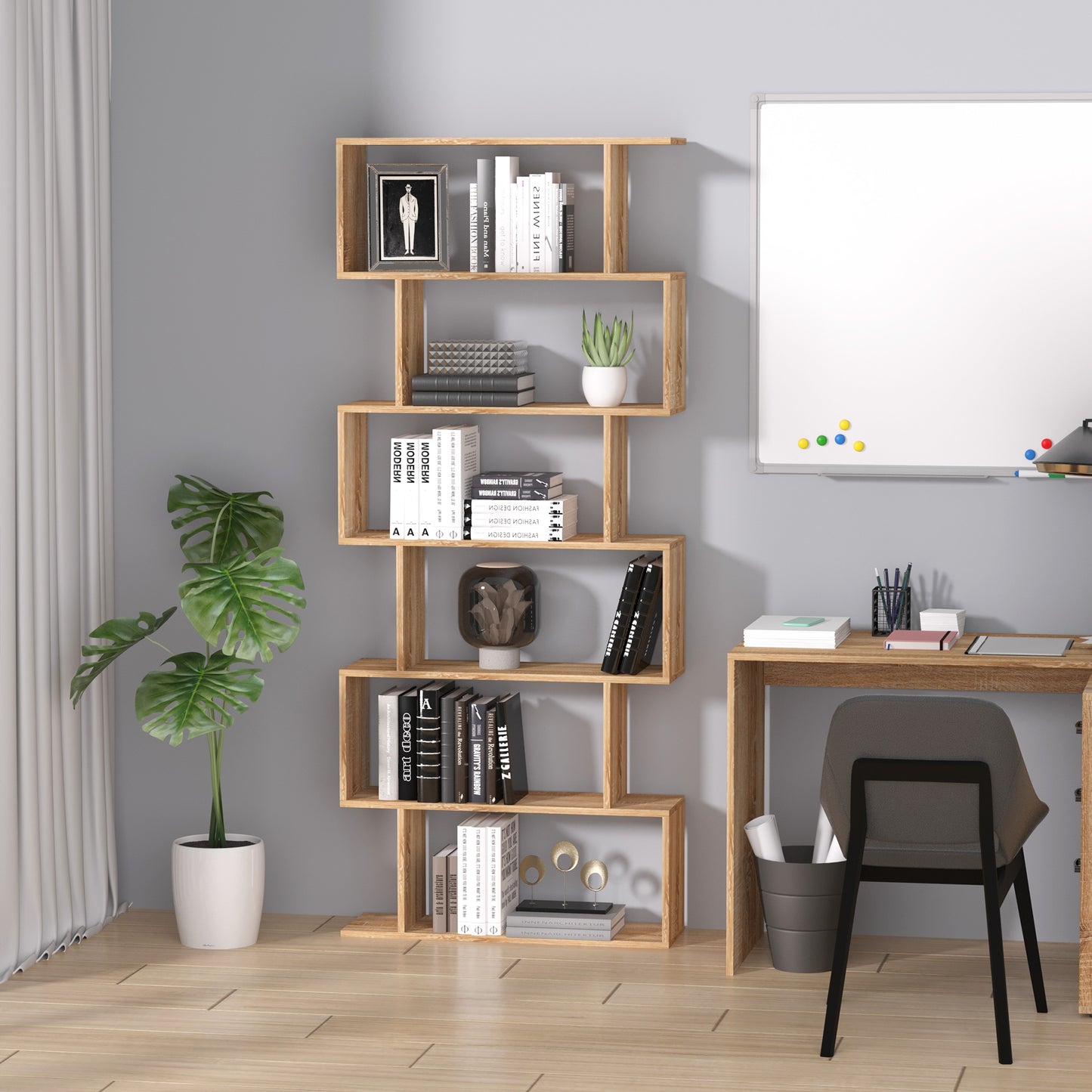 Vicovi Nava Wood Oak Finish 6 Tier S ShaFauxd Display Bookcase
