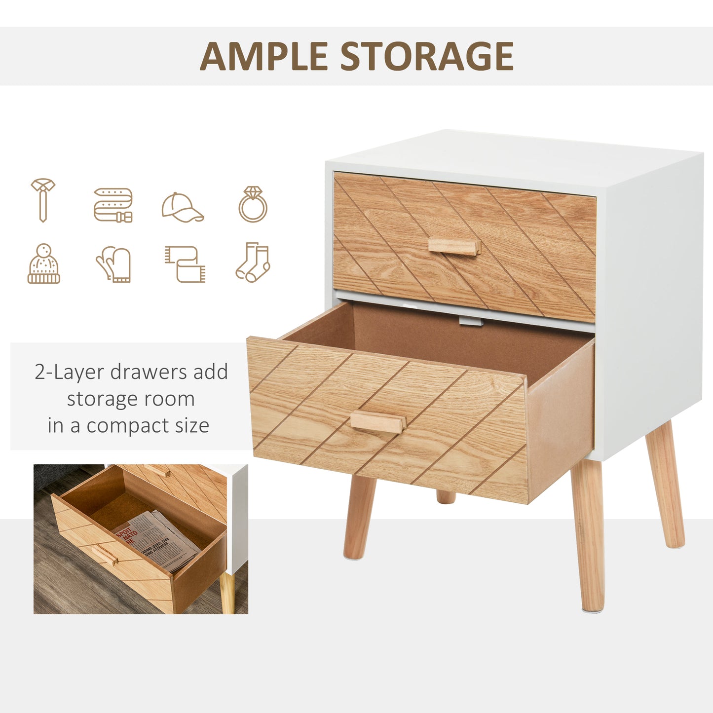 Sutare Wood Natural Finish 2 Drawer Bedside Table with Chevron Design