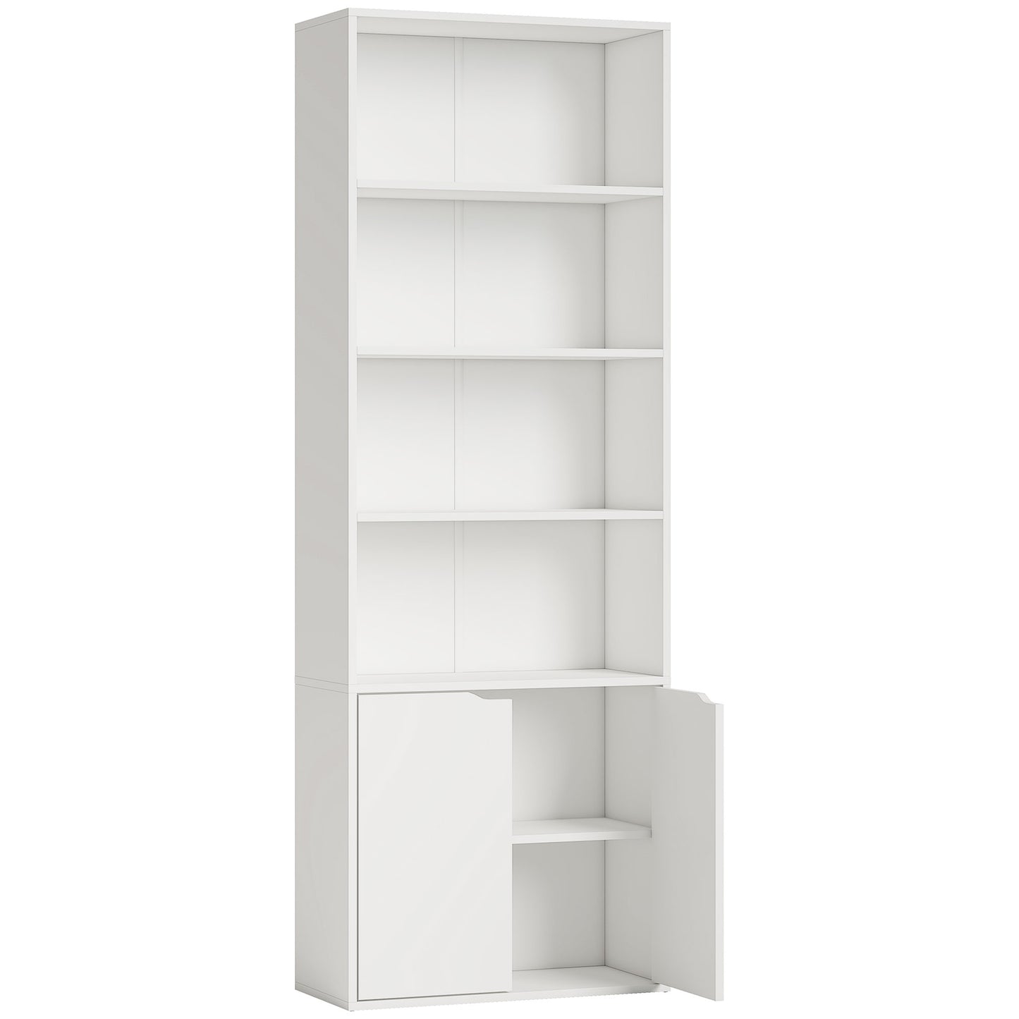 Zimo Rado Wood White 6 Tier Tall Bookcase With OFauxn Shelves And Double Door Storage 59 x 29 x 180 cm