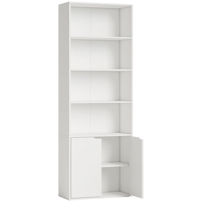 Zimo Rado Wood White 6 Tier Tall Bookcase With OFauxn Shelves And Double Door Storage 59 x 29 x 180 cm