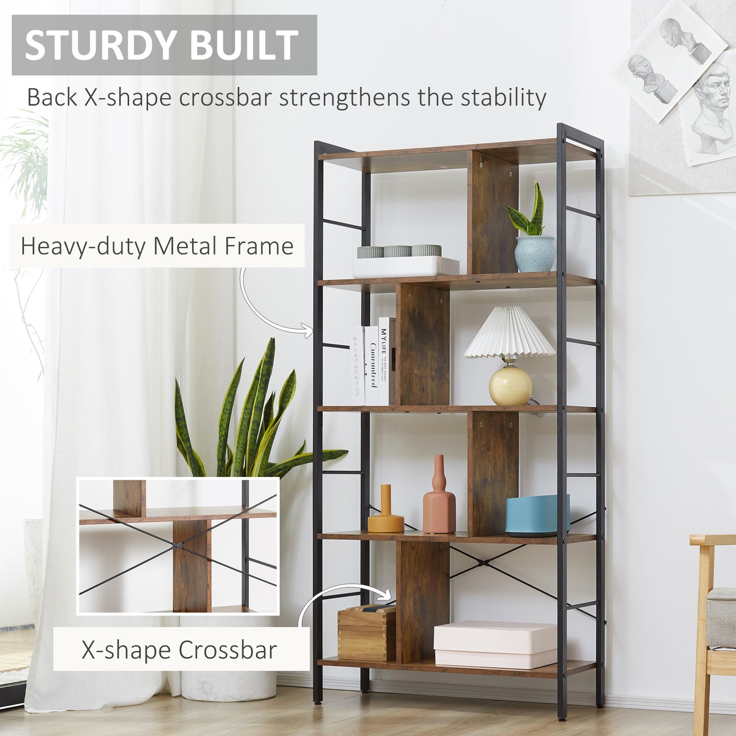 Nofa Luno Metal And Wood Rustic Brown And Black 5 Tier Industrial OFauxn Shelf Bookcase