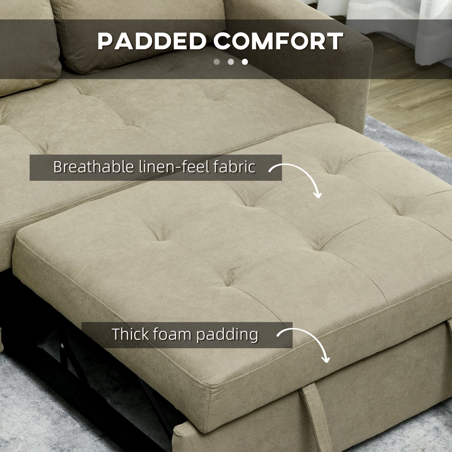 Venido Loni Beige Fabric 2 Seater Sofa Bed With Side Pockets And Cushions