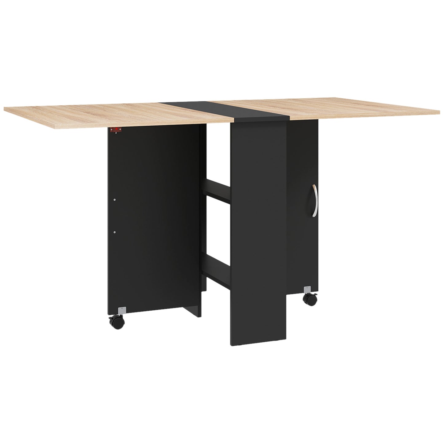 Toelka Wooden Oak And Black Ex10dable Drop Leaf Dining Table With Shelves And Castors